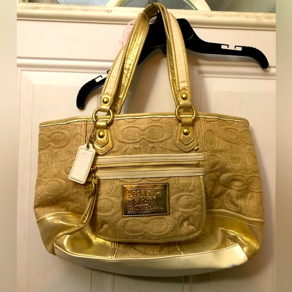 Gold Coach AOP Poppy Handbag Purse Burlap feel *flaw - Picture 1 of 8